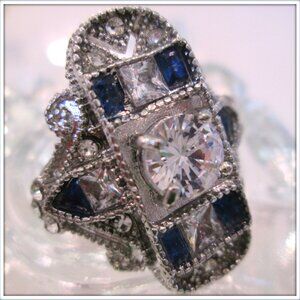 Sapphire natural gemstone art deco unique ring hand crafted size 7.5